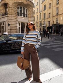Women's 1pc Colorblock Striped Drop Shoulder Sweater, Vintage Preppy Style Crew Neck Long Sleeve Pullover, Loose Fit Knit Top, Suitable For Streetwear, Back To School, Weekend Gatherings - Light Blue - View 2