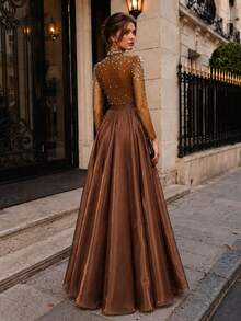 VIPGIRL Brown Evening Dress High Neck Long Sleeve Rhinestone Crystal Beaded Mesh Top Satin Tie Belt A-Line Floor Length Prom Formal Gala Maxi Dress - Khaki - View 2