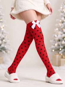 1 Pair Plus Size Polka Dot Bow Over-Knee Socks, Cute & Festive For Christmas, Must-Have - Multicolor - View 3