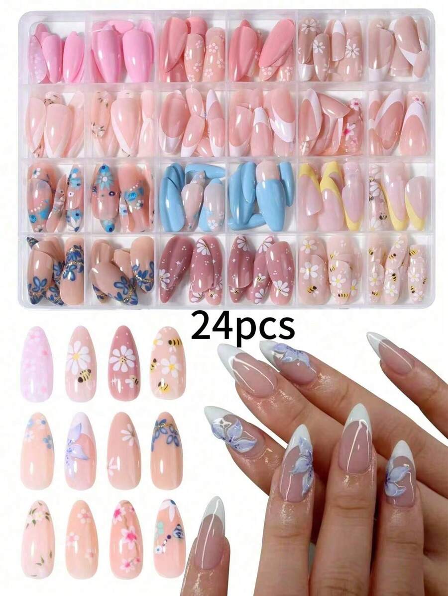 24 Pieces Long Almond Flower Nail Tips, French Acrylic Material, Perfect Fit - Multicolor - View 1