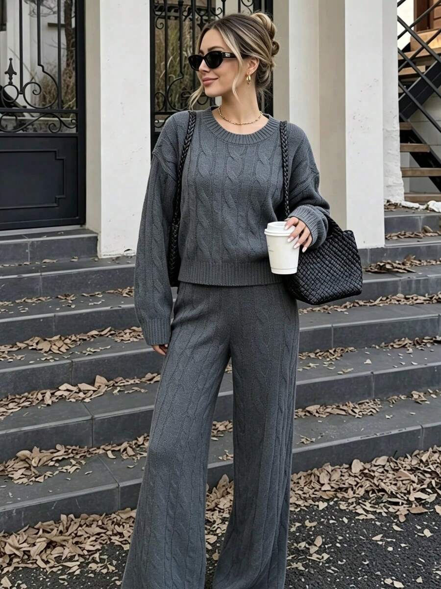 2 Pieces Set Elegant Elegant Cable Knit Round Neck Solid Color Long Sleeve Pullover Sweater And Fashion Casual Versatile Loose Wide Leg Knit Pants - Grey - View 1