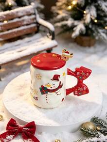 1pc Christmas Mug With Red Lid, Ceramic Mug Cute Bow Handle Coffee Tea Cup, 3Xmas Patterns Holiday Table Decor, Secret Santa Christmas Gift - Multicolor - View 8