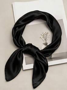 1PC Women's Solid Color Printed Square Bandana Silk Scarf Headwrap Tie Scarf For Daily Use - Black - View 2