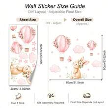 1pc Watercolor Rabbit & Hot Air Balloon Wall Decal, With Pink Clouds, Butterflies And Floral Patterns, Removable Wall Decor, Suitable For Girls Bedroom And Party Decoration - BM262A - View 9