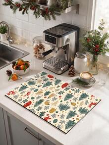 Diatom Mud Absorbent Moisture-Proof Mat, Christmas Forest Squirrel Pattern, Cream White Kitchen Countertop Non-Slip Water-Absorbing Floor Mat - Beige - View 4