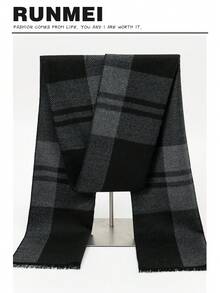 1pc Men's Gentleman Style 30*180cm Minimalist Warm Scarf, Suitable For Business, Outdoor, Daily Wear - Black Plaid - View 1