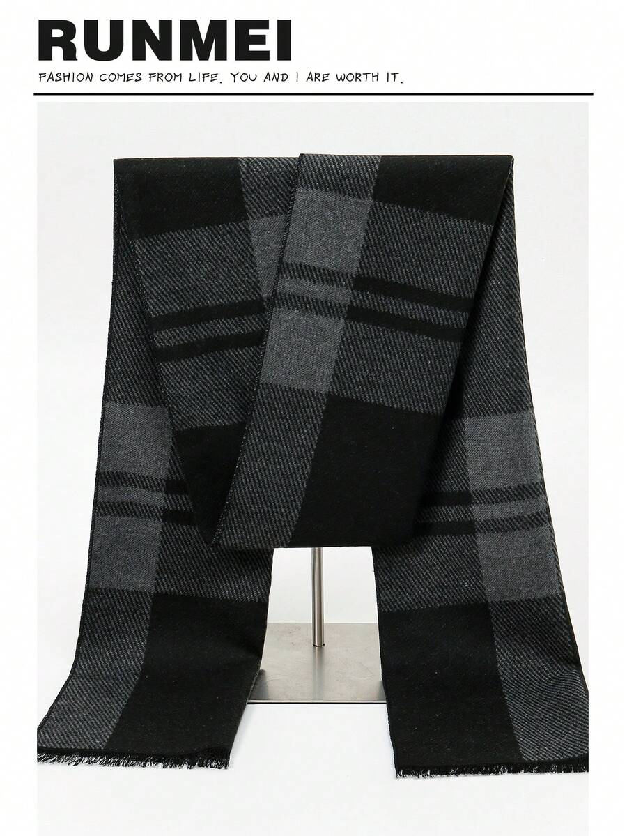 1pc Men's Gentleman Style 30*180cm Minimalist Warm Scarf, Suitable For Business, Outdoor, Daily Wear - Black Plaid - View 1