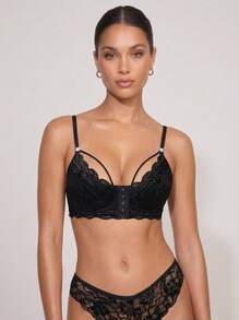 Cheekology 1 Set Lace Patchwork Front Closure Sexy Lingerie Bra And Panty Set For Women - Black - View 4