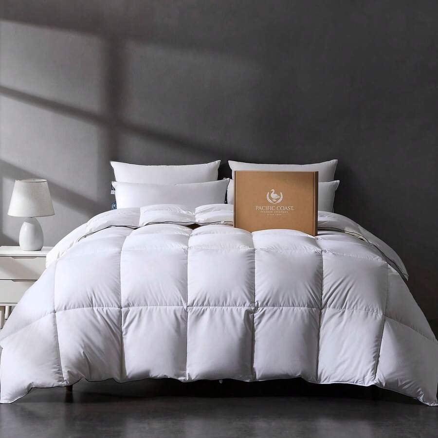 Edredón de lujo con relleno de plumón de ganso blanco, tamaño King, de la colección para hoteles, para todas las estaciones, con tejido ultra suave y transpirable, y 8 tiras en las esquinas, 106 x 90 pulgadas, color blanco.