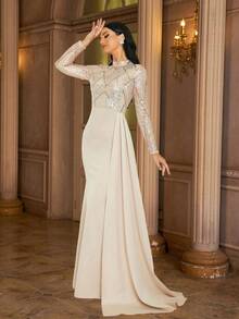 Missord Contrast Sequin Mermaid Hem Formal Dress Elegant Long Sleeve Prom Evening Wedding Guest Gown, For Graduation, Dinner Party Dress - Apricot - View 1