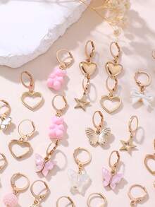 18 Pairs/Set Girls Earrings Set, Cute Bear Butterfly Heart Pendant Studs, Sweet Versatile Earrings For Daily Decoration - Multicolor - View 5