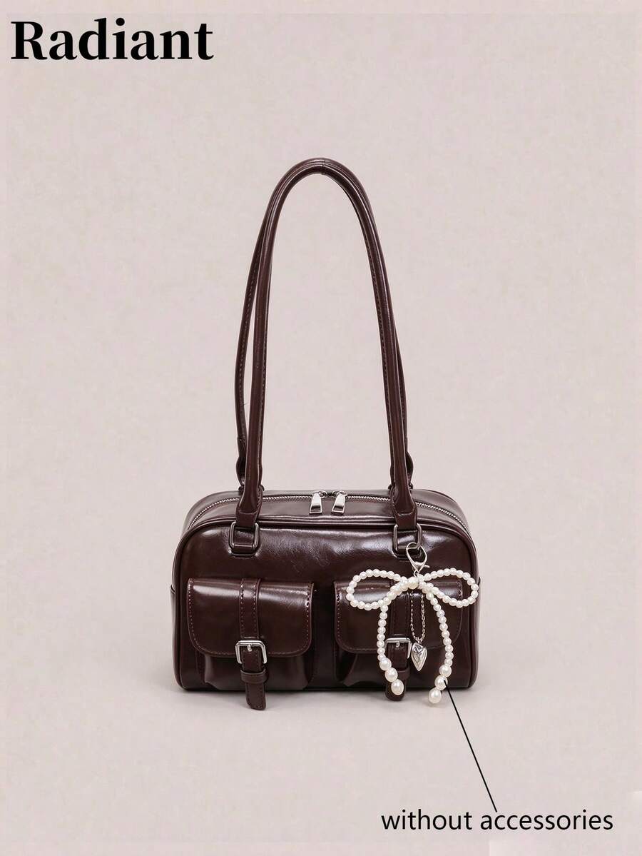 Women Shoulder Bag Boston Solid Faux Leather With Double Front Pockets Zipper Closure Retro Daily Autumn Winter Ladies Handbag(Without Accessories) - Coffee - View 1