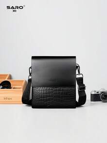 saroxi 1pc Men's Mini Crossbody Shoulder Bag, PU Leather Casual Messenger Bag With Side Pocket, Square Multi-Function Small Bag For Commuting, Minimalist Style, Black And Brown, Gift For Boyfriend - Black - View 2