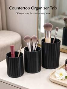 3/1pc Luxury Vertical Stripe Makeup Brush Holder, Black Desktop Multi-Function Pen Holder, Bathroom Toothbrush & Toothpaste Storage Rack, Vanity Makeup & Hair Tool Storage Bucket, Cosmetic Storage Box, Perfect Choice For Makeup Lovers, Home Decor Item - Black - View 3