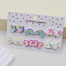 6 Pairs Unicorn/Rainbow/Mermaid/Dolphin Painless Clip-On Earrings, Cute Cartoon Resin Jewelry Accessories, Daily Wear, Best Gift For Girls - A - View 16