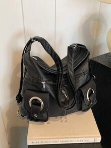 New Fashion Classic PU Patchwork Embroidered Shoulder Bag, Suitable For Travel, Shopping, Commuting, Party - Black - View 7