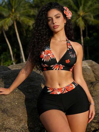 Atutua Women's Floral Print Casual Elegant Tie-Back Halter Bikini Set, Suitable For Beach Vacation Summer