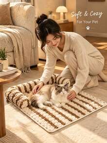 1pc Flannel Striped Pet Mat With Side Pillow Soft Cushion, Washable Warm Dog Bed Floor Mat For Dogs And Cats - Multicolor - View 16