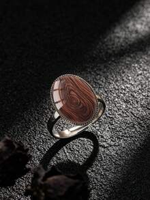YUJUGLOW 1PC Elegant Minimalist Wood Grain Pattern With 316 Stainless Steel Oval Adjustable Ring For Women's Daily Wear - Brown - View 1