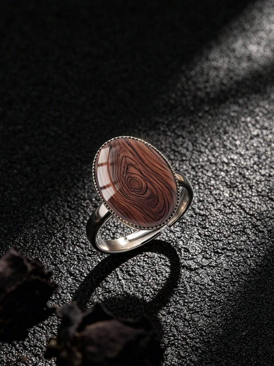 YUJUGLOW 1PC Elegant Minimalist Wood Grain Pattern With 316 Stainless Steel Oval Adjustable Ring For Women's Daily Wear - Brown - View 1