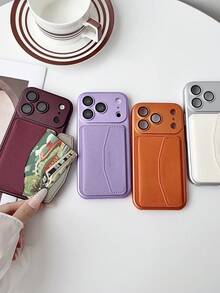 奢華純色人造皮革相機保護卡槽手機殼，相容 iPhone 18 Pro Max 18 Pro 17 Pro Max 17 Pro 17 16 Pro Max 16 Pro 16 15 Pro Max 15 Pro 15 14 Pro Max 14 Pro 14 13 Pro Max 13 Pro 13，鏡頭保護防震保護套 - 橘色 - 查看 3