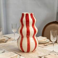 1PC Rustic Ceramic Vase - 1PC Asymmetrical Gourd-Shaped Striped Abstract Vase For Flowers | Tabletop & Living Room Shelf Decor - Ideal Valentine's Day & Mother's Day Gift - Multicolor - View 3