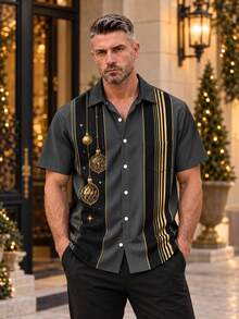 Men's Christmas Contrast Color Striped Print Fashion Holiday Casual Short Sleeve Shirt - Multicolor - View 1