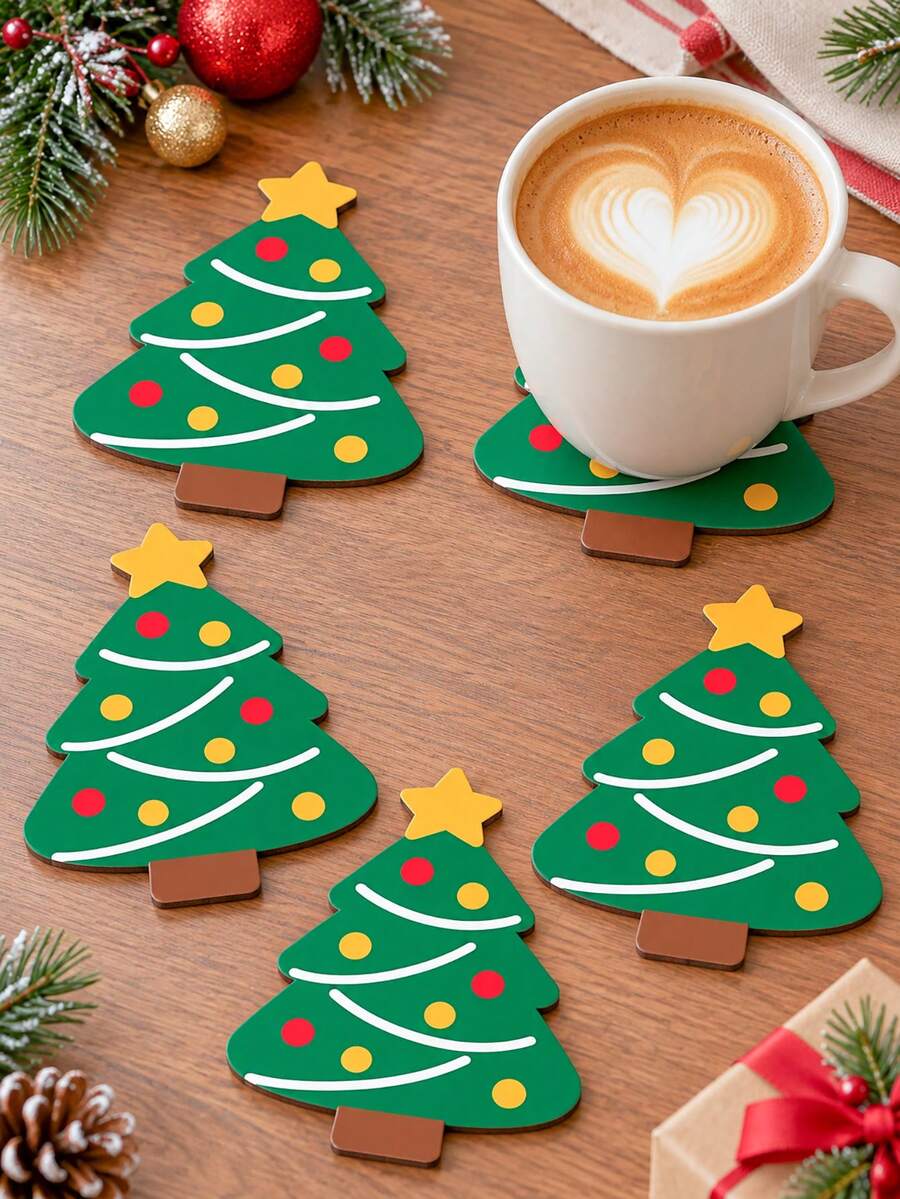 1/4/8pcs Christmas Tree Coasters Set, Cute Xmas Tree Drink Coasters For Coffee Cups And Glasses, Holiday Table Decor For Christmas Party Dining Room Kitchen Home Decoration, Festive Winter Accessories Gift For Family Friends - Christmas Tree - View 1
