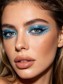 1pc Ice Lake Blue Flat Round Rhinestone Face Sticker, Mermaid Blue Stage Performance Face Diamond Sticker, Waterproof, Sweat-Resistant, Durable, Suitable For Model Runway, Concert, Stage And Party Banquet - Multicolor - View 3