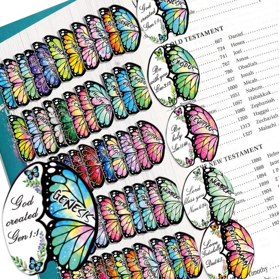 Bible Tabs ,Butterfly Shape Bible Tabs, Colorful Scripture Bible Index Labels, 2-Sided Print Book Markers With Bible Verses & Book Names, Decorative Page Tabs For Holy Bible Journaling, Christian Bible Study Accessories. - Multicolor - View 1