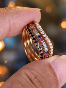 3pcs Minimalist Cubic Zirconia Curved Ring Set, Women's Stackable Rings, Jewelry Gift - Multicolor - View 7