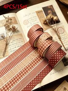 4 Volumes In 1 Set Boxed Vintage Plaid Washi Tape, Simple Washi Tapes, Student Stationery For DIY Scrapbook Gift Box Decor Craft Sticker - Multicolor - View 3