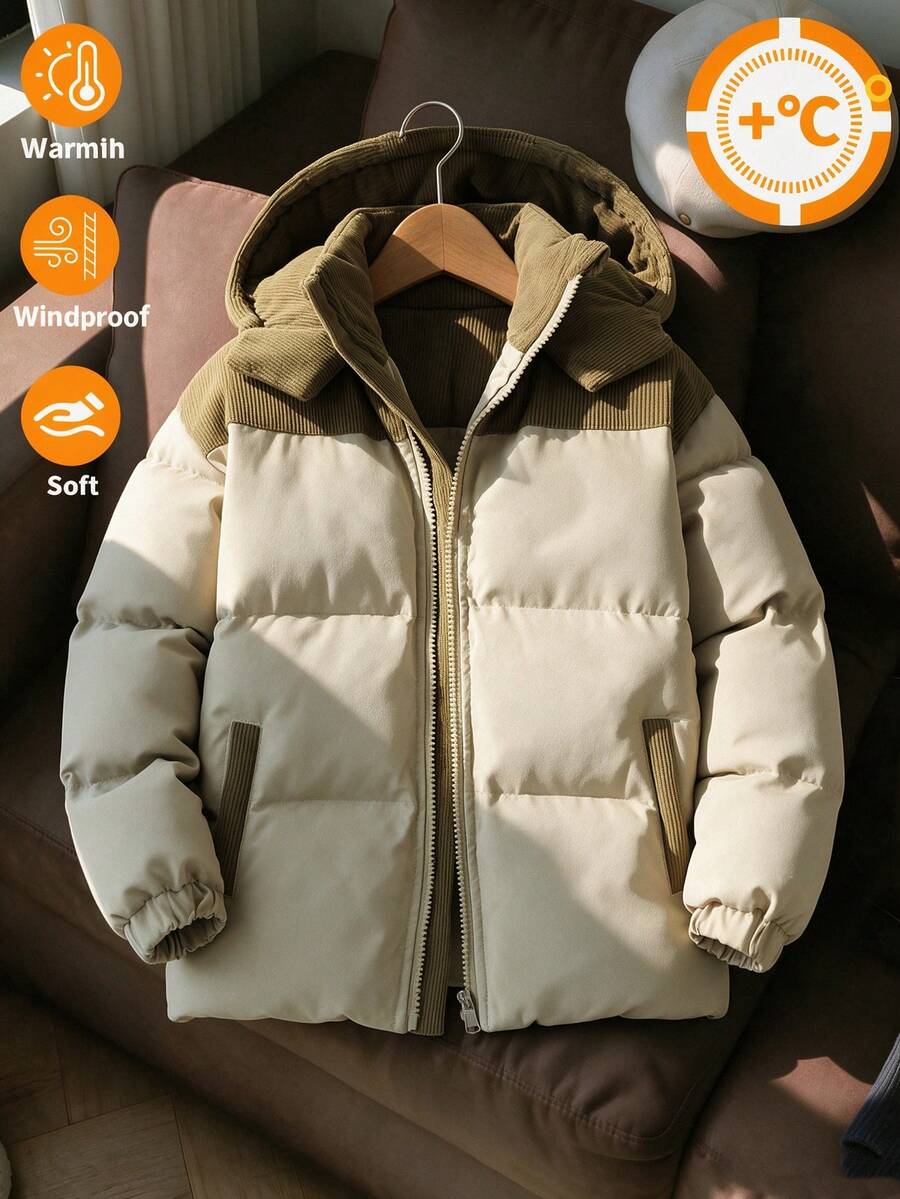 Mantel Musim Dingin Kasual Patchwork Berlapis untuk Anak Laki-Laki - Khaki - View 1