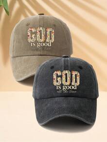1件女款花卉 GOD IS GOOD 印花戶外休閒時尚可調尺寸防曬熱門復古街頭風個性化四季水洗棒球帽，適合日常穿著 - A - 查看 25