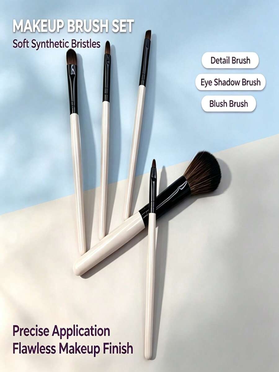5Pcs White Handle Cosmetic Brushes, Soft Bristle Face & Eye Makeup Brush Kit