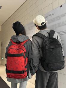 男士後背包 星星印花休閒學生後背包 大容量多隔層 學生日常通勤用 黑色尼龍 可調節扣環設計 - 彩色 - 查看 4