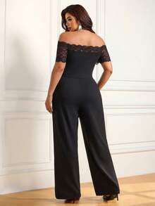 Plus Size Cold Shoulder Square Neck Contrast Lace Long Jumpsuit, Women's High Elasticity Fashion Date Versatile Elegant - Black - View 3