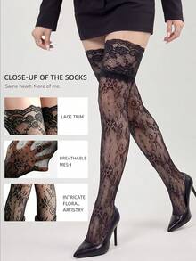 Kaus Kaki Selutut Wanita dengan Hiasan Renda Hitam, Stoking Jala Berongga Motif Bunga, Kaus Kaki Panjang Gaya Gotik untuk Pesta Halloween - Hitam - View 3