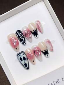 Handmade Wearable Press-On Nails, Halloween Skull Almond Shape, Hand-Painted Personalized French Style Manicure, Y2K Style Nails, Unique Niche Press-On Nails, Autumn And Winter Daily Manicure, Detachable And Reusable. - Multicolor - View 4