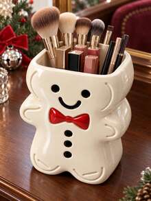 1pc Christmas Gingerbread Man Makeup Brush Holder, Cute Bow Tie Cosmetic Organizer For Lipsticks & Beauty Tools, Festive Vanity Desktop Decor - Multicolor - View 3