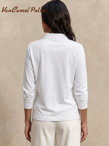 Vancamel Pulse Women's Loose Minimalist Long Sleeve Polo Shirt, Solid Color Versatile Outdoor Sports & Commute Top - White - View 3