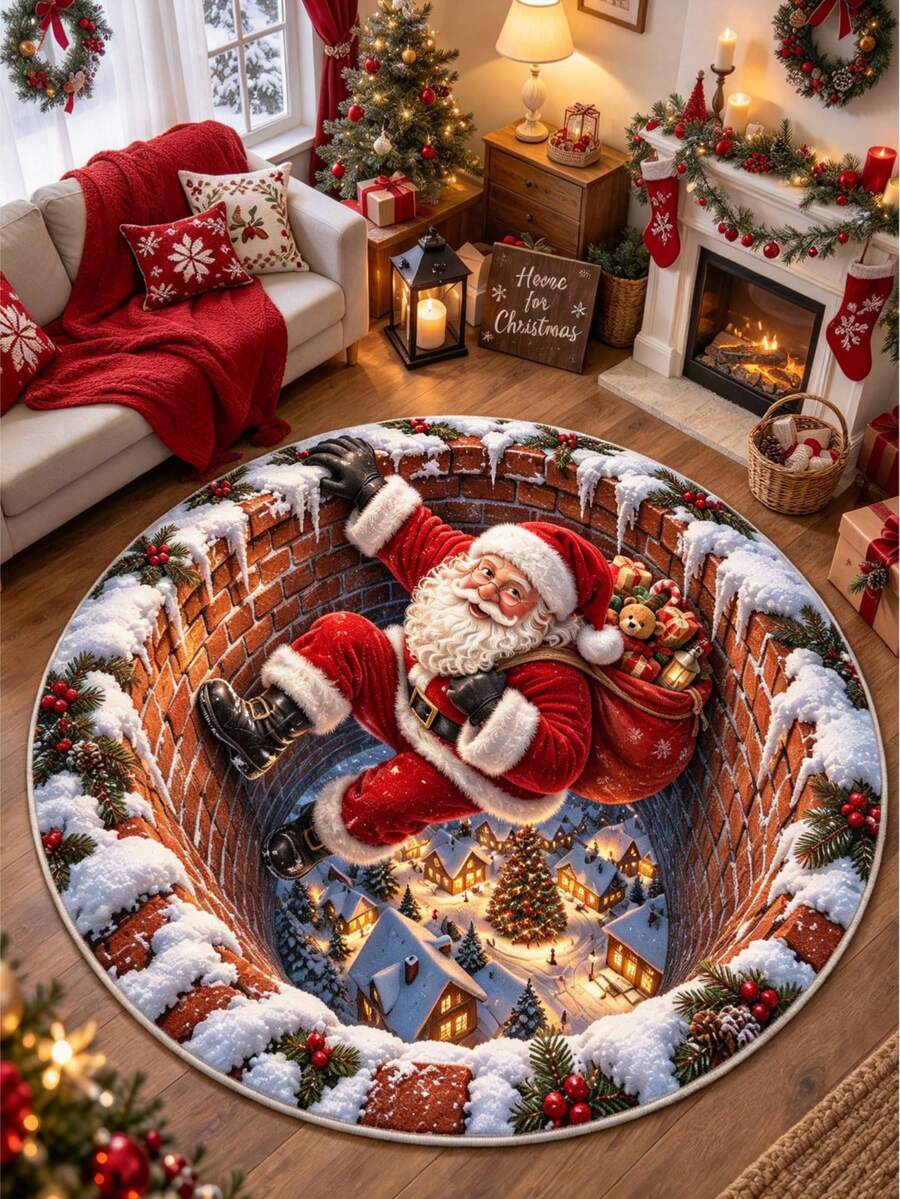 1 st rund 3D-matta med mönster av jultomten som klättrar uppför skorstenen för att leverera presenter, mjuk, perfekt julklapp, lämplig för vardagsrum, arbetsrum, sovrum, kök, badrum, sovrumsmatta, sängmatta, juldekoration, heminredning, sovrumsdekoration, vinterdekoration - Multifärgad - Visa 1