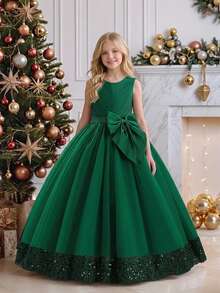 Gaun Pesta Elegan Tanpa Lengan Berpayet dan Pita dari Satin Jala untuk Anak Perempuan Remaja, Bando Tidak Termasuk - Dark Green - View 4