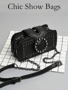 Women's Black PU Crossbody Bag, Punk Rivet & Rhinestone Circle Detail, Chain Shoulder Strap, Edgy Style For Party, Concert & Daily Wear - Black - View 1