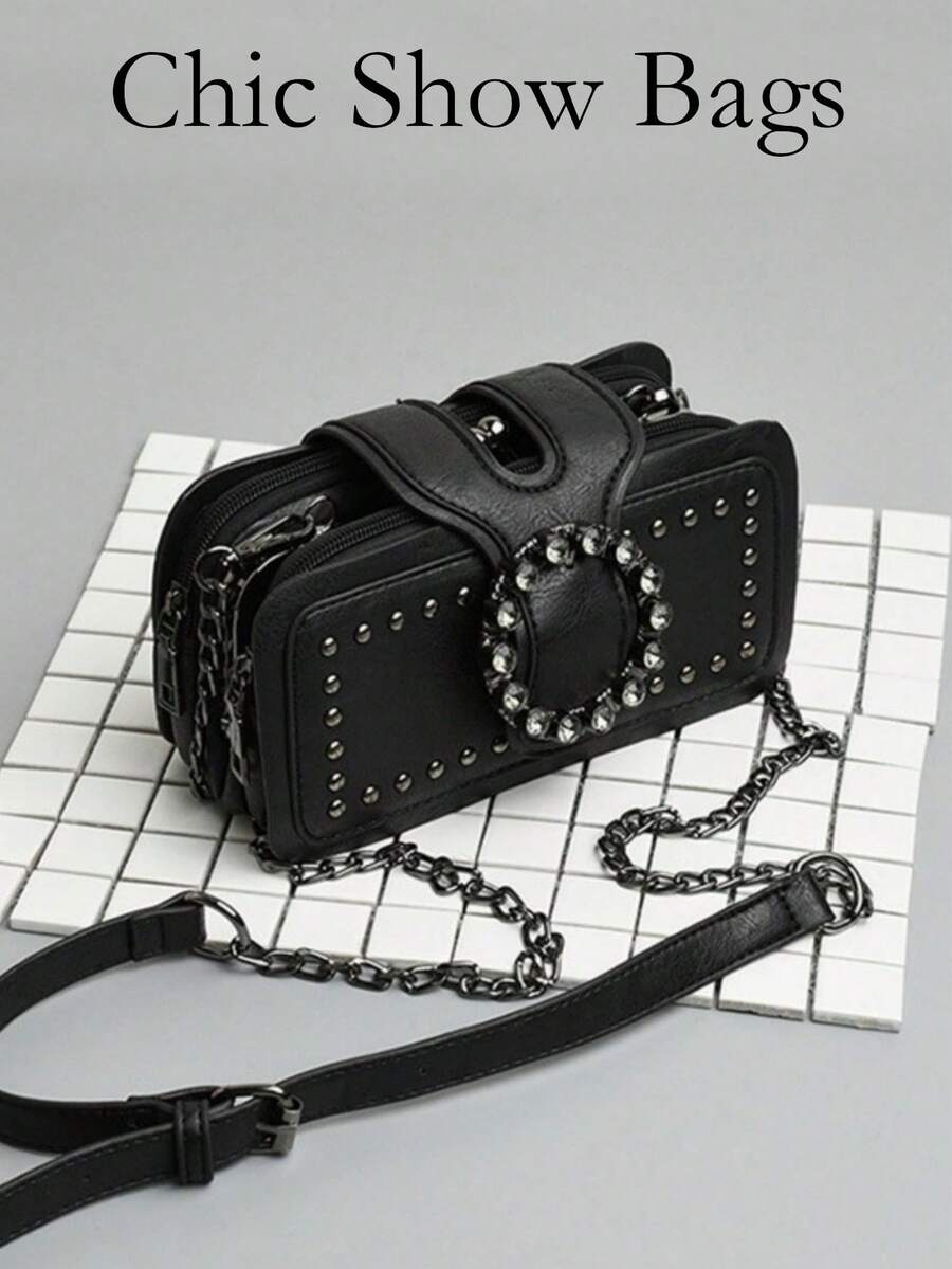 Women's Black PU Crossbody Bag, Punk Rivet & Rhinestone Circle Detail, Chain Shoulder Strap, Edgy Style For Party, Concert & Daily Wear - Black - View 1