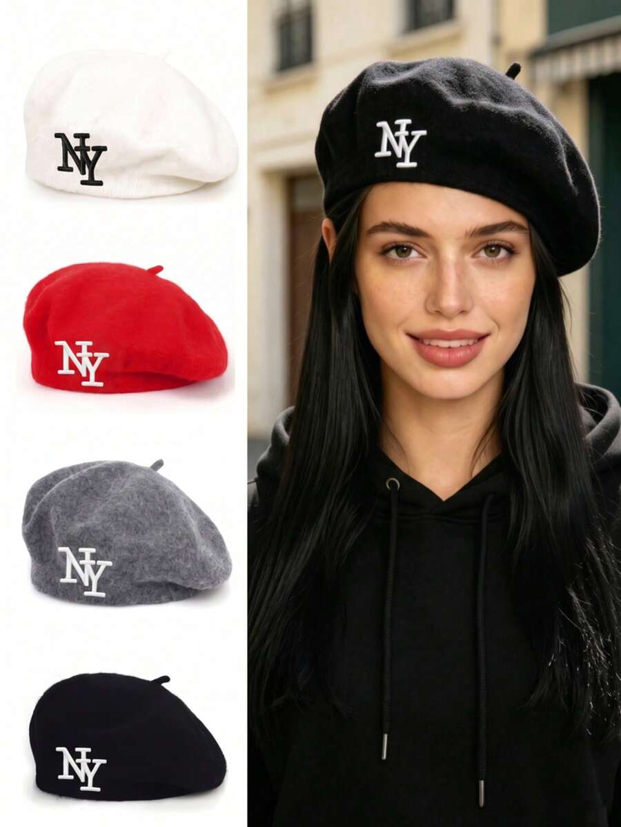 1pc New York Embroidered Women's Beret Classic French Artist Style ...