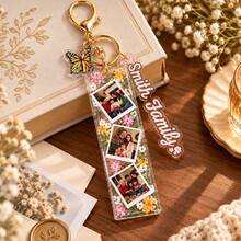 Custom Floral Photo Keychain, Personalized Family Key Chain, Vintage Flower Keychains, Customized Text Stocking Name Tag, Customizable Christmas Gift - Multicolor - View 4