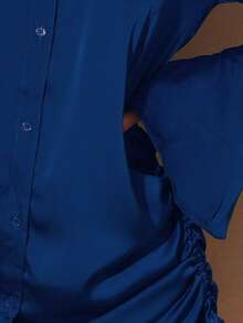 GLAMSKIN Fall Women Satin Button Down Shirt Dress,Flare Long Sleeve Drawstring Ruched Side Mini Dress,Elegant Night Out Dress - Blue - View 11