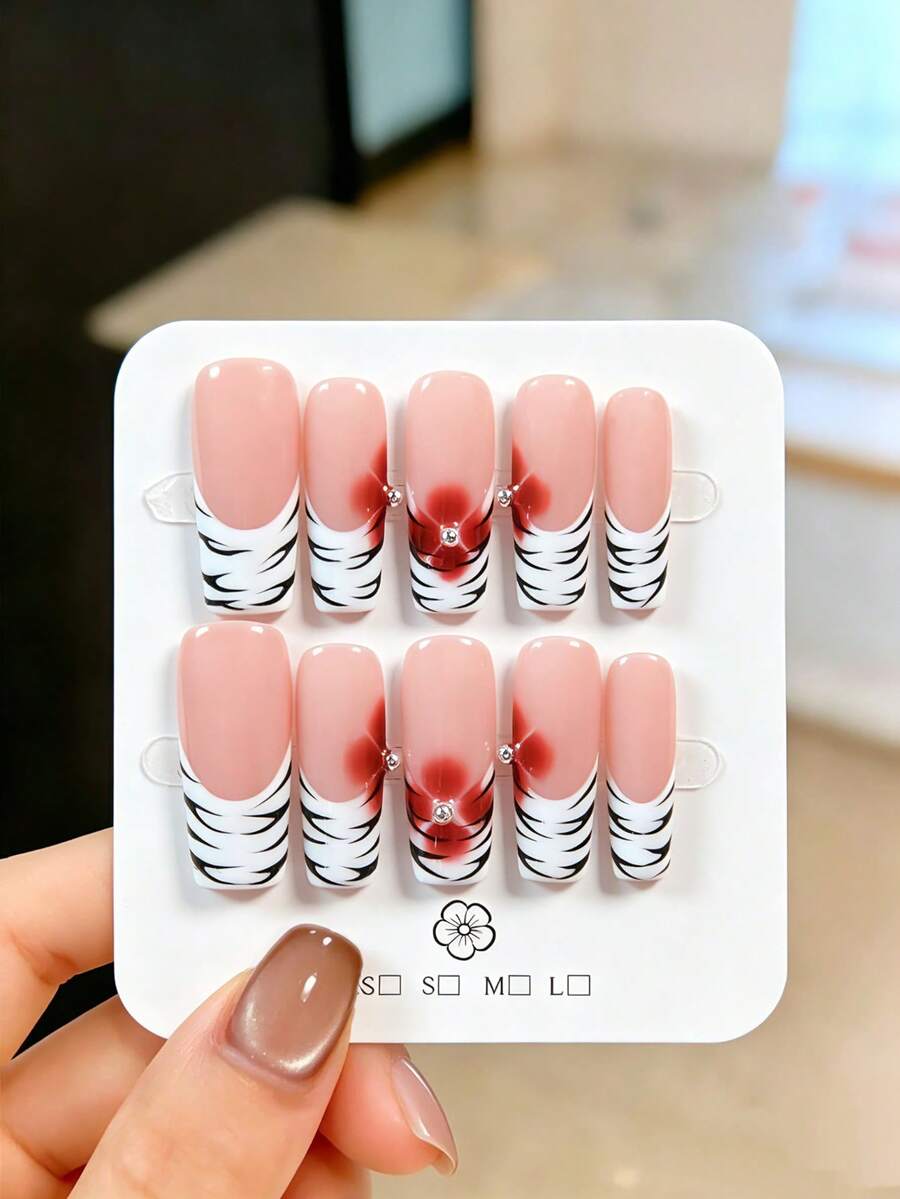 10pcs Handmade Press-On Nails, Long Rectangular Autumn/Winter Style, Nude Transparent Base With White Base And Black French Pattern, Burgundy Gradient Tie Dye With Rhinestone Accents, Cool And Edgy Personalized Vibe, Suitable For Autumn Dates, Atmospheric Outfits, Street Wear, Includes Full Set Of Nail Tools, Exclusive Gift - Pink - View 1