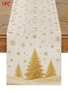Christmas Snowflake Christmas Tree Table Runner, Pillowcase, Placemat, Winter Rustic Gold Linen Dining Table Decor, Holiday Party Home Decoration, Kitchen Dining Table Decor Flag - Multicolor - View 12